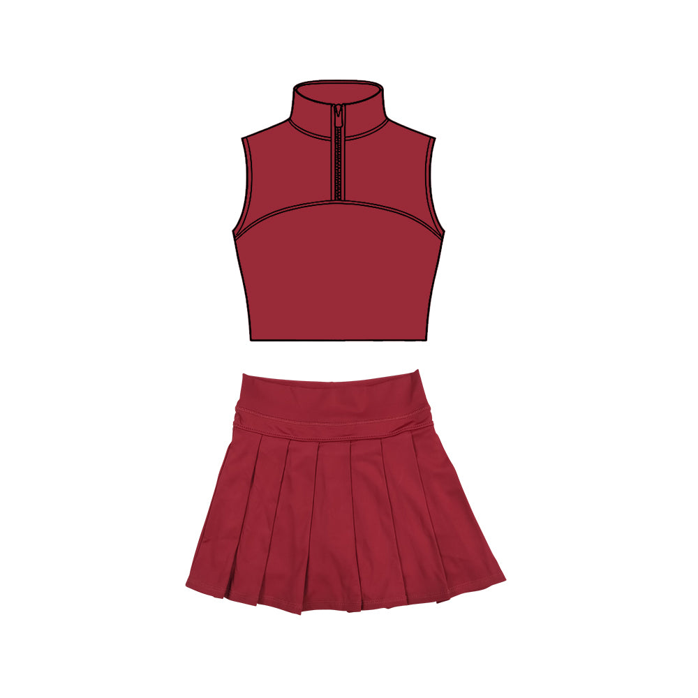 MOQ 5 preorder GSD3291 Solid Dark Red Zip Collar Sleeveless Pleated Skirts for Girls Yoga Sets 202511