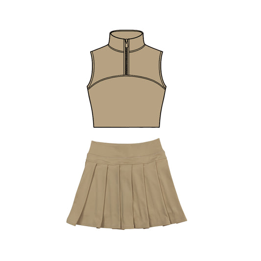 MOQ 5 preorder GSD3292 Solid Khaki Zip Collar Sleeveless Pleated Skirts for Girls Yoga Sets 202511