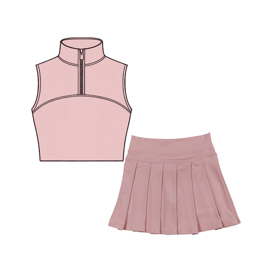 MOQ 5 preorder GSD3293 Solid Pink Zip Collar Sleeveless Pleated Skirts for Girls Yoga Sets 202511