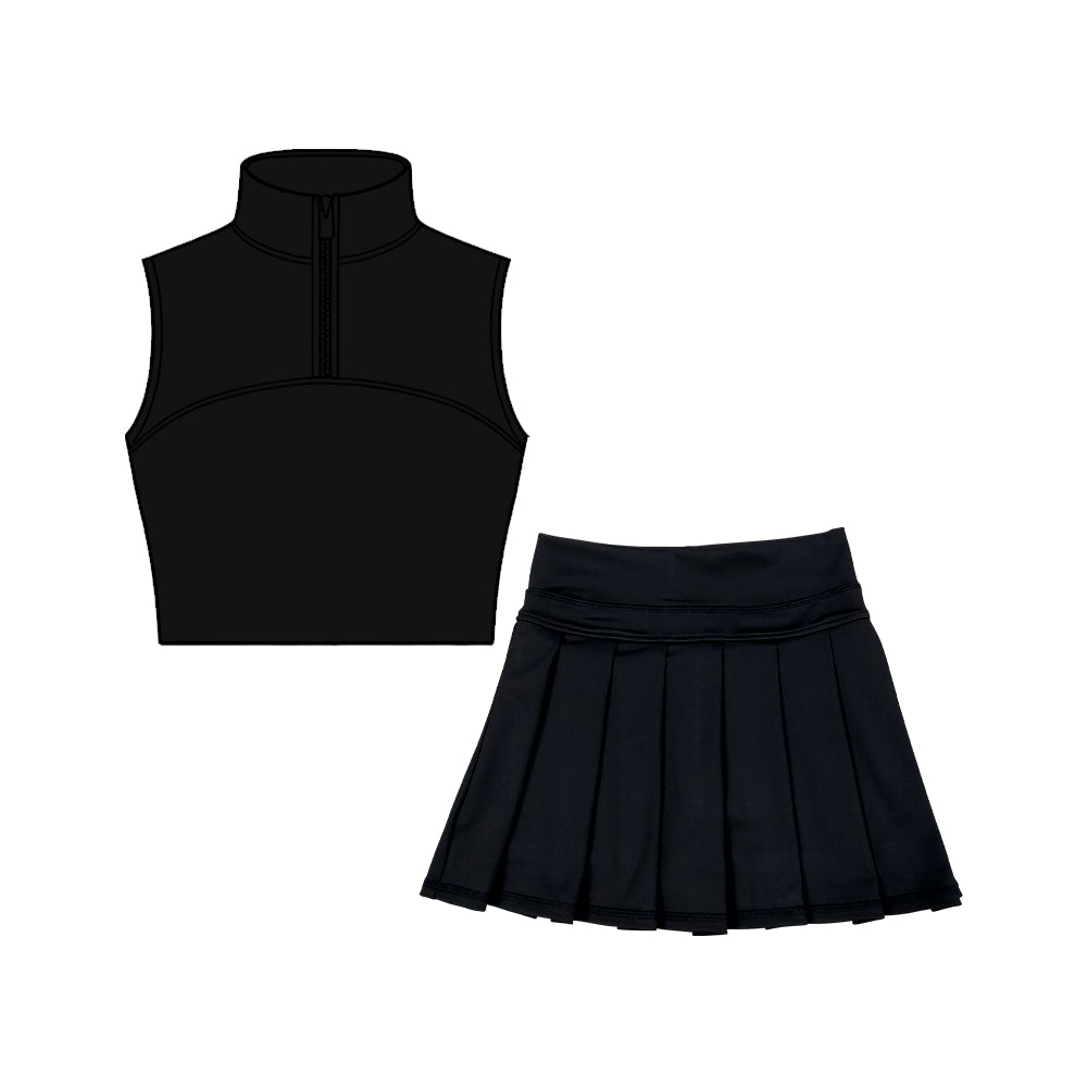 MOQ 5 preorder GSD3297 Solid Black Zip Collar Sleeveless Pleated Skirts for Girls Yoga Sets 202511
