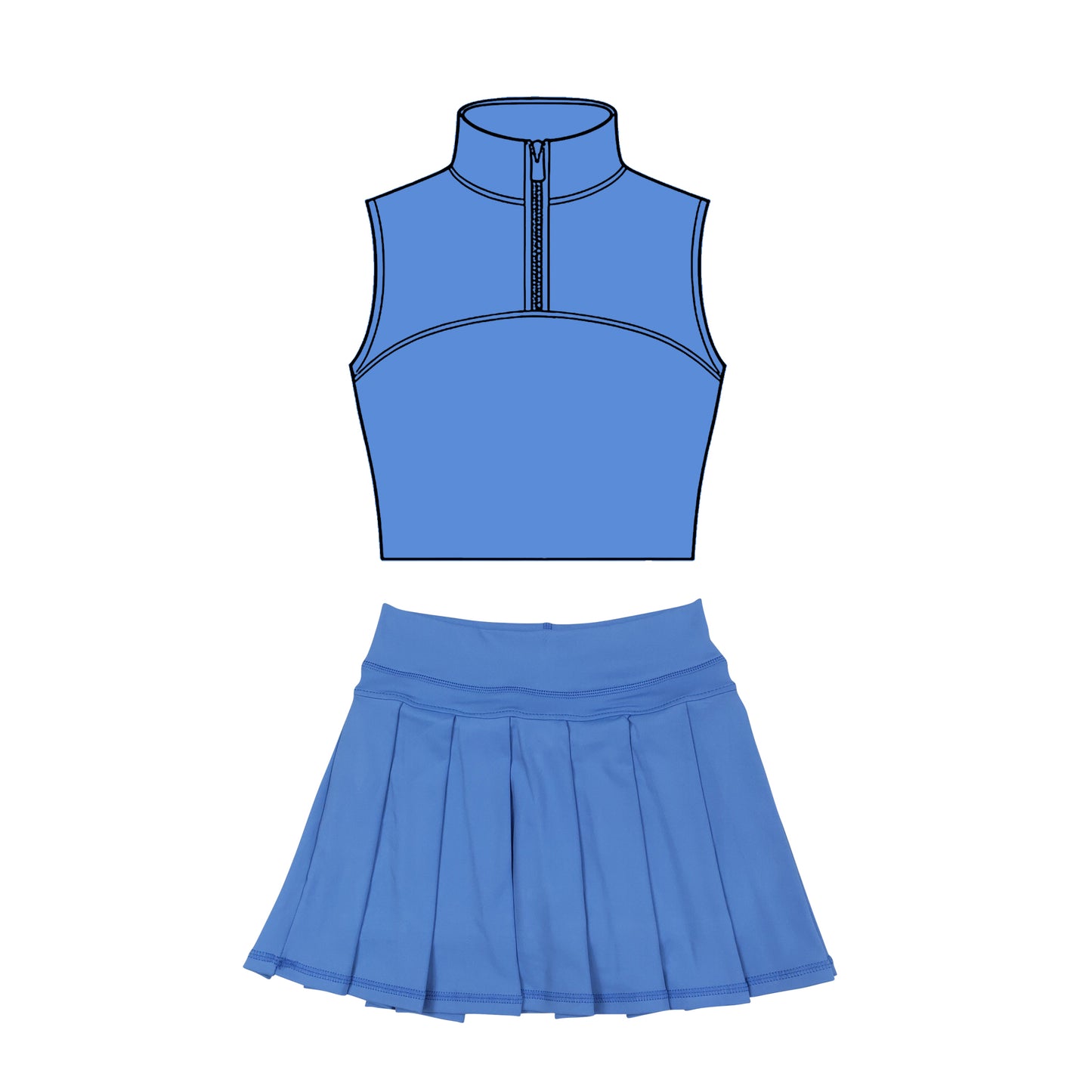 MOQ 5 preorder GSD3298 Solid Blue Zip Collar Sleeveless Pleated Skirts for Girls Yoga Sets 202511