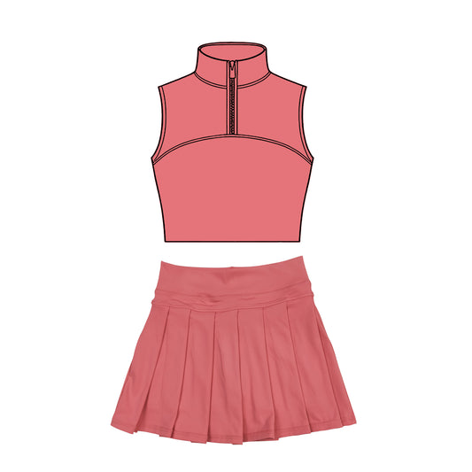 MOQ 5 preorder GSD3299 Solid Coral Red Zip Collar Sleeveless Pleated Skirts for Girls Yoga Sets 202511