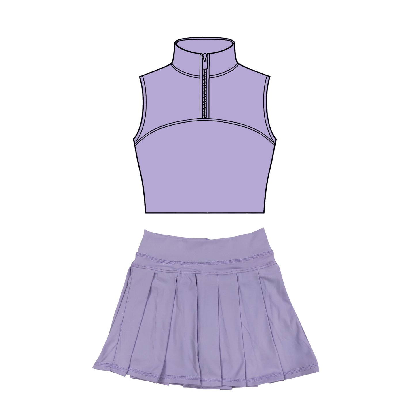 MOQ 5 preorder GSD3300 Solid Light Purple Zip Collar Sleeveless Pleated Skirts for Girls Yoga Sets 202511