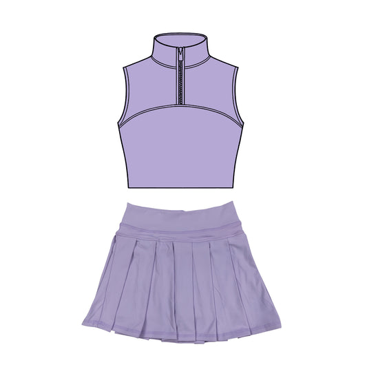MOQ 5 preorder GSD3300 Solid Light Purple Zip Collar Sleeveless Pleated Skirts for Girls Yoga Sets 202511