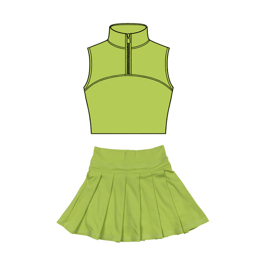 MOQ 5 preorder GSD3303 Solid Grass Green Zip Collar Sleeveless Pleated Skirts for Girls Yoga Sets 202511