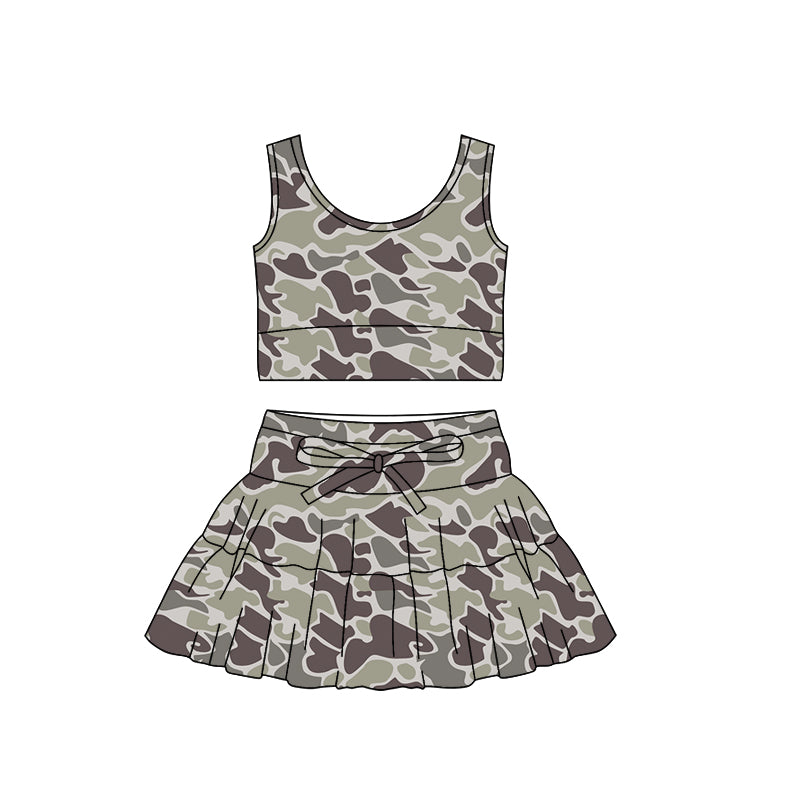 MOQ 5 preorder GSD3304 Gray Green Brown Camouflage Sleeveless Bow Decoration Pleated Skirts for Girls Yoga Sets 202511