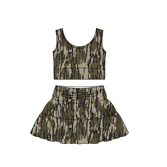 MOQ 5 preorder GSD3305 Army Green Camouflage Sleeveless Bow Decoration Pleated Skirts for Girls Yoga Sets 202511