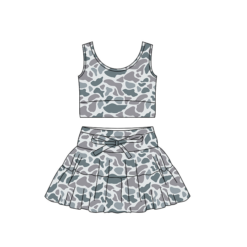 MOQ 5 preorder GSD3306 Gray Blue Camouflage Sleeveless Bow Decoration Pleated Skirts for Girls Yoga Sets 202511