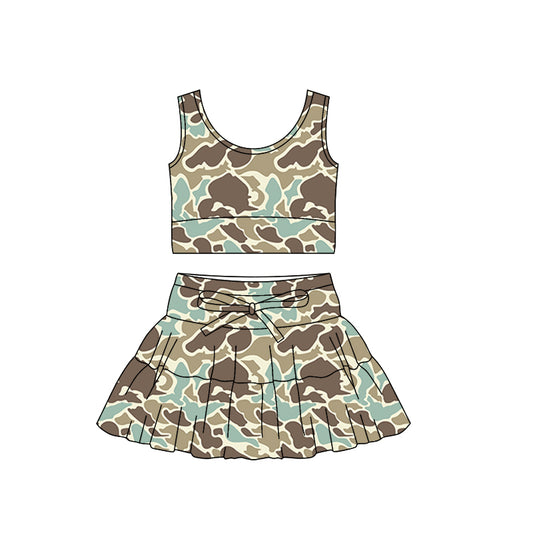 MOQ 5 preorder GSD3307 Blue Green Brown Camouflage Sleeveless Bow Decoration Pleated Skirts for Girls Yoga Sets 202511