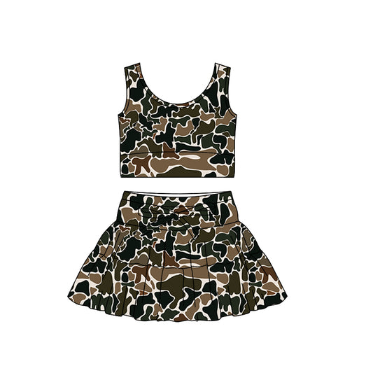MOQ 5 preorder GSD3308 Brown Green Camouflage Sleeveless Bow Decoration Pleated Skirts for Girls Yoga Sets 202511