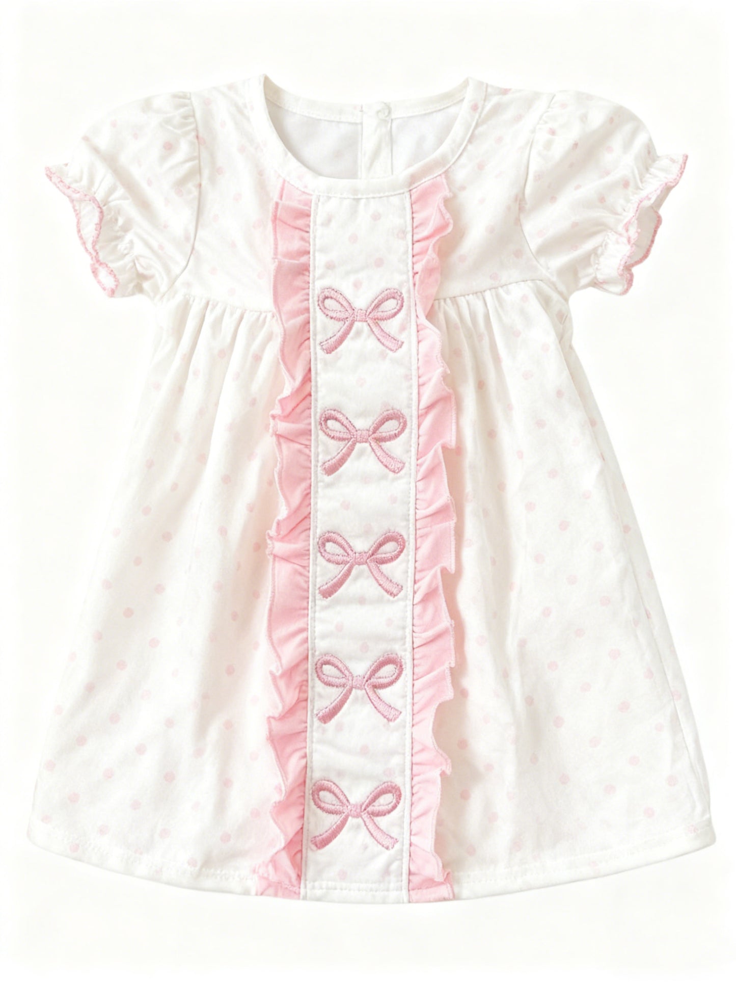 MOQ 5 PCS Preorder GSD3312 Pink Bows Dots Ruffle White Short Sleeve Dresses for Girls 202511