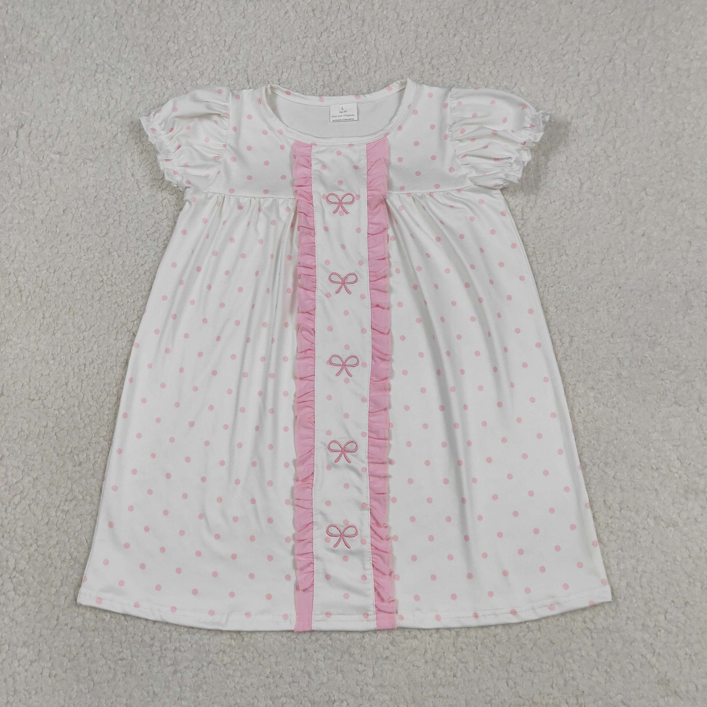 GSD3312 Embroidered Pink Bows Dots Ruffle White Short Sleeve Dresses for Girls 202604 RTS