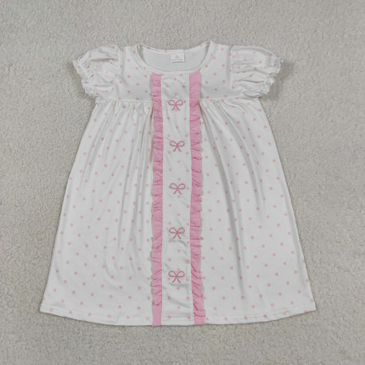 GSD3312 Embroidered Pink Bows Dots Ruffle White Short Sleeve Dresses for Girls 202604 RTS