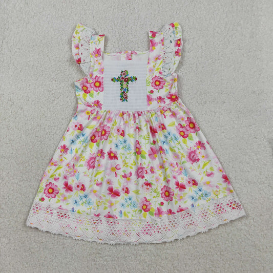 GSD3313 Smocked Easter Cross Flower Lace Ruffle Flying Sleeve Dresses for Girls 202603 RTS