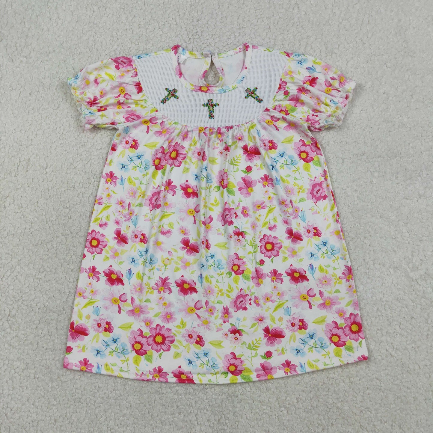 GSD3314 Smocked Easter Cross Flower Short Sleeve Dresses for Girls 202603 RTS