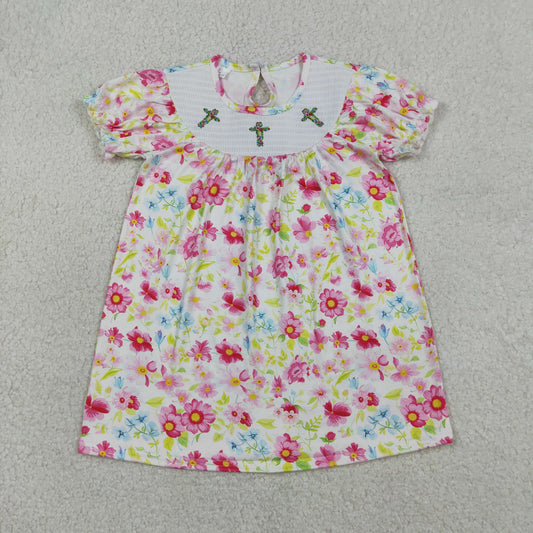 GSD3314 Smocked Easter Cross Flower Short Sleeve Dresses for Girls 202603 RTS