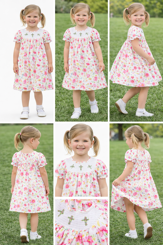GSD3314 Smocked Easter Cross Flower Short Sleeve Dresses for Girls 202603 RTS