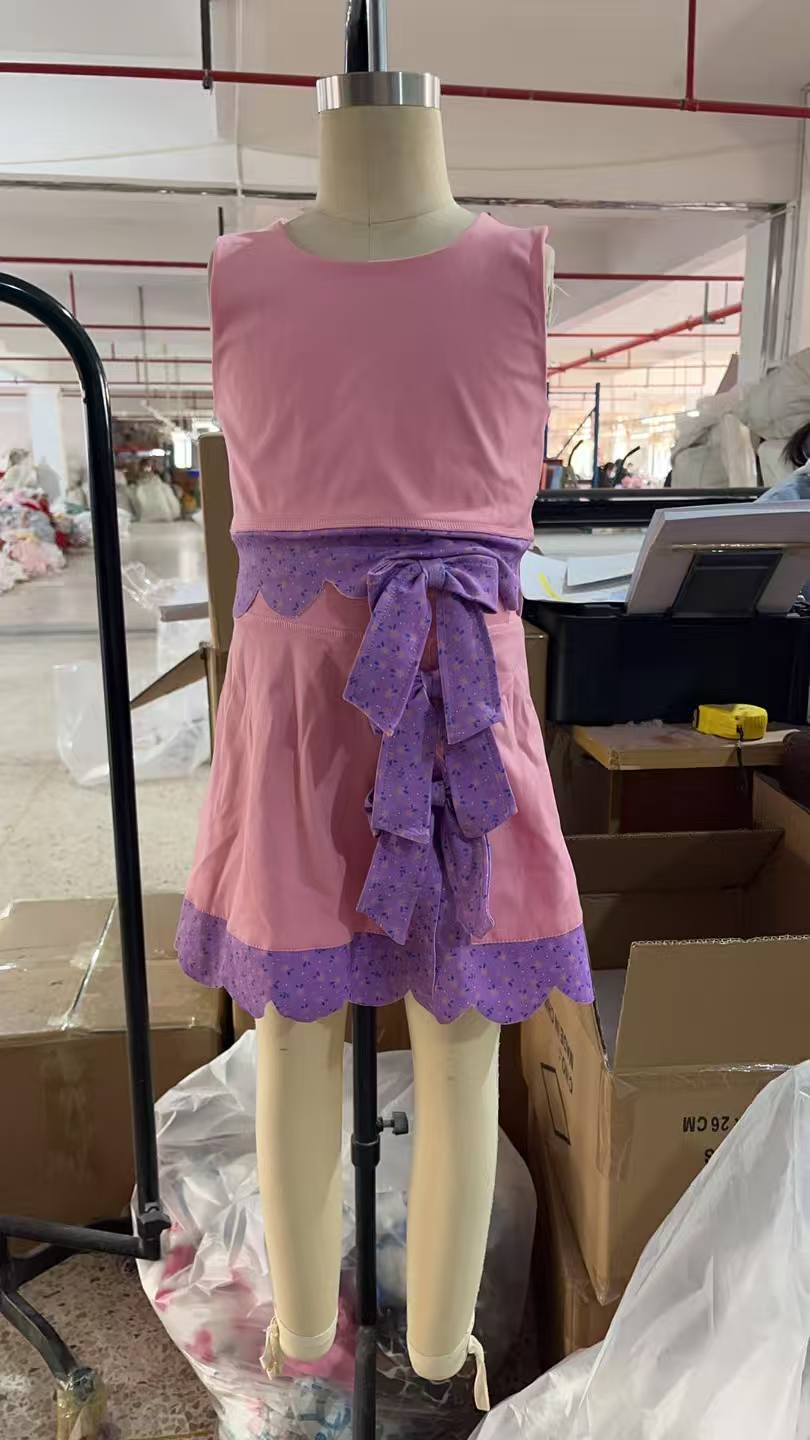 NO MOQ preorder GSD3319 Bows Pink Sleeveless Top with Pleated Skirts for Girls Yoga Sets 202601