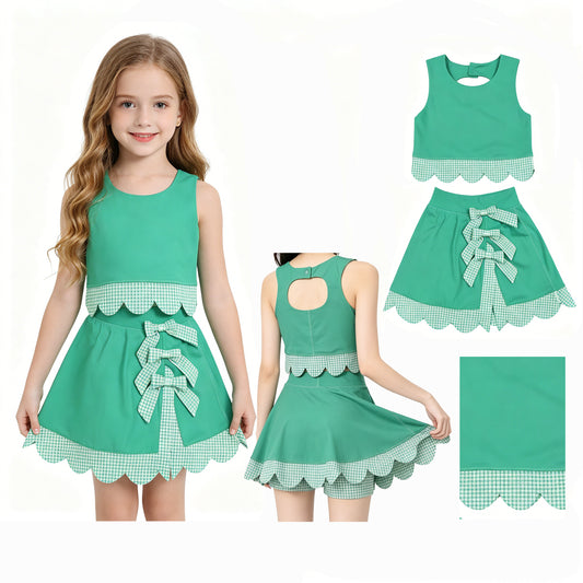 NO MOQ preorder GSD3320 Bows Green Sleeveless Top with Pleated Skirts for Girls Yoga Sets 202603