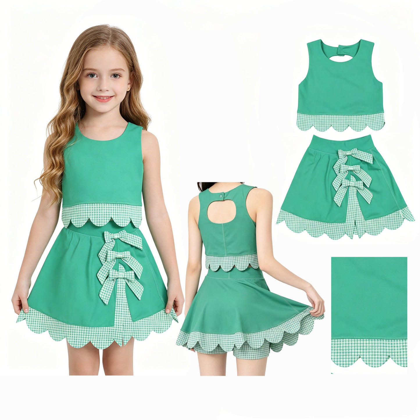 NO MOQ preorder GSD3320 Bows Green Sleeveless Top with Pleated Skirts for Girls Yoga Sets 202603
