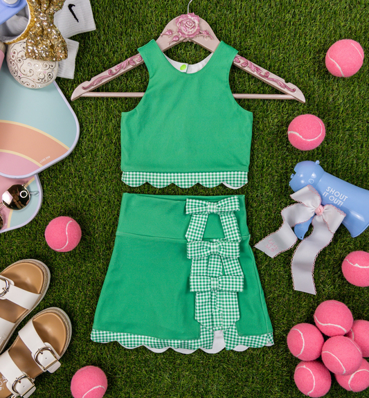 MOQ 5 preorder GSD3320 Bows Green Sleeveless Top with Pleated Skirts for Girls Yoga Sets 202511