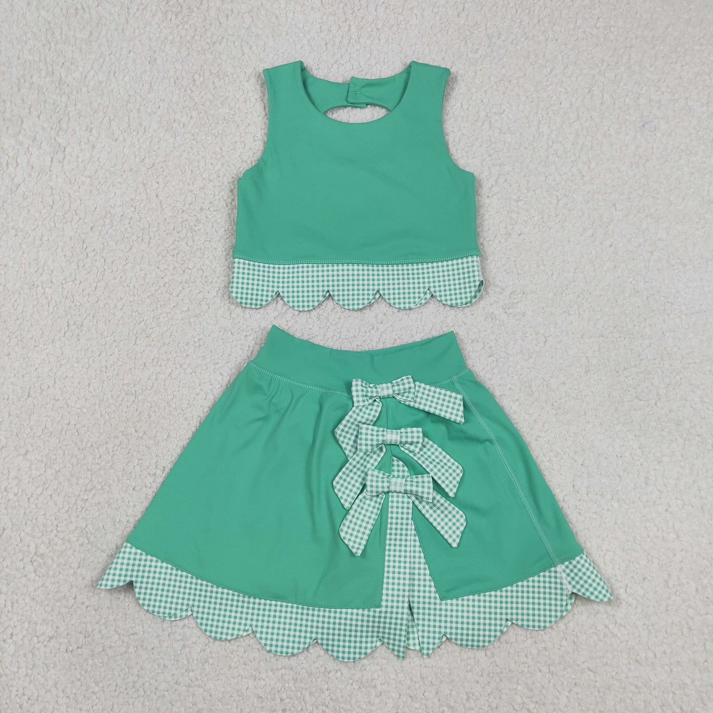 NO MOQ preorder GSD3320 Bows Green Sleeveless Top with Pleated Skirts for Girls Yoga Sets 202603
