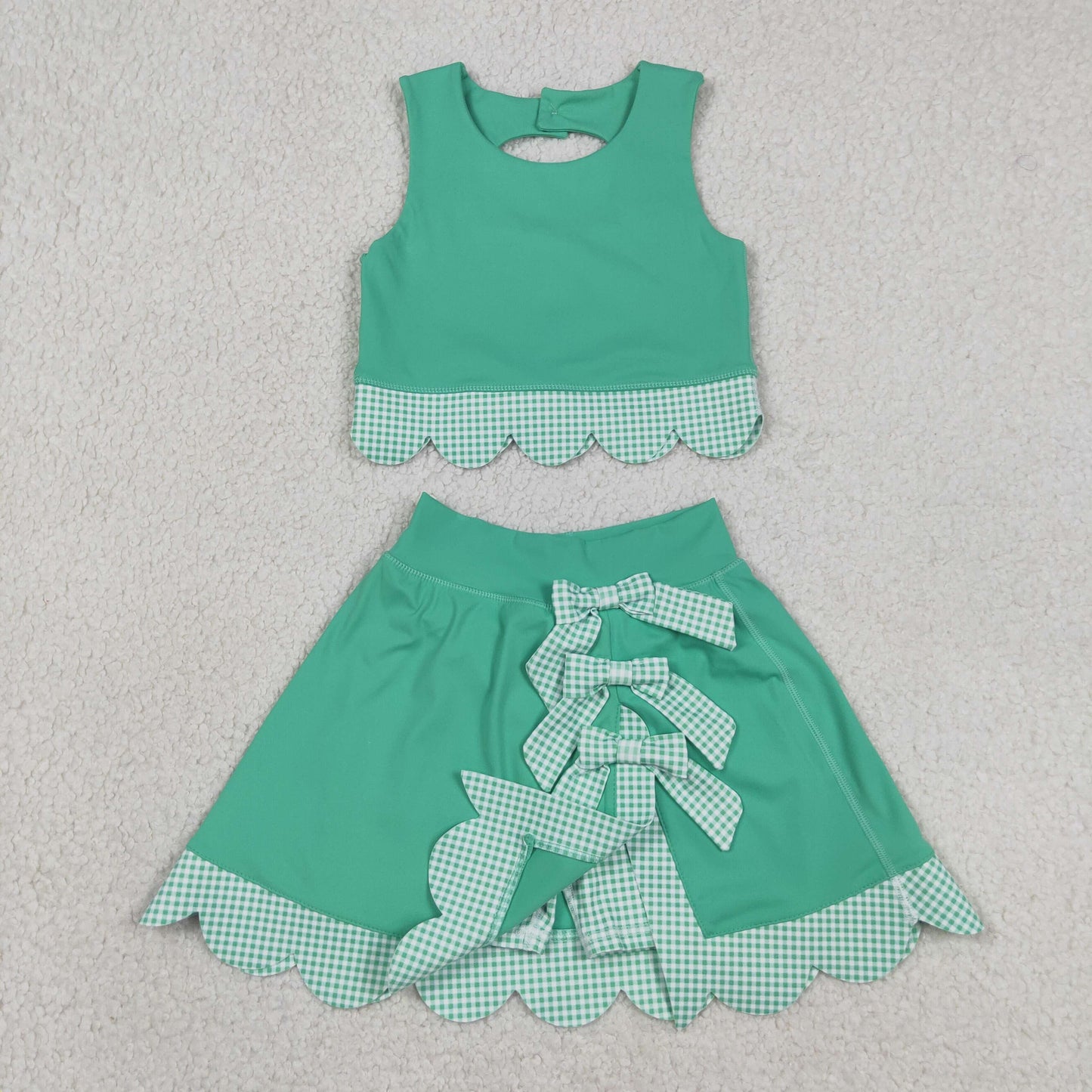 NO MOQ preorder GSD3320 Bows Green Sleeveless Top with Pleated Skirts for Girls Yoga Sets 202603