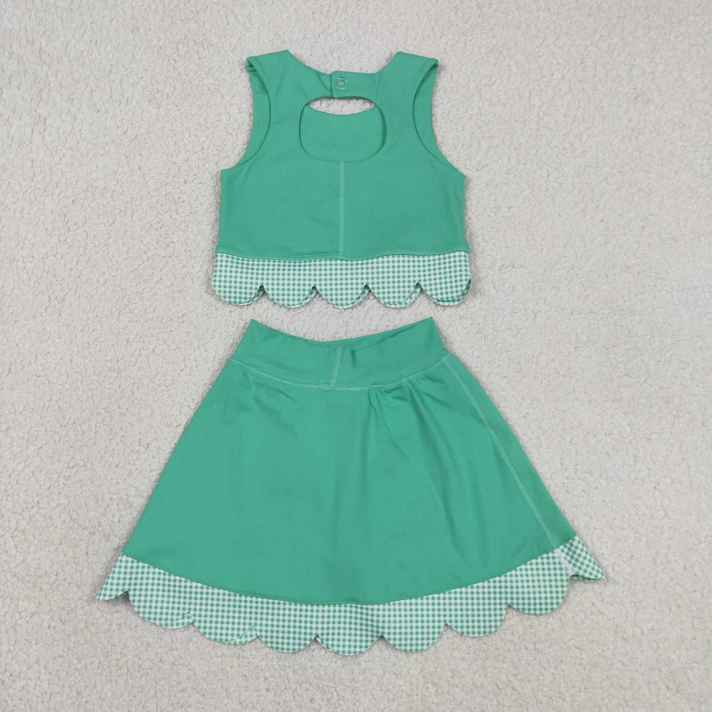 NO MOQ preorder GSD3320 Bows Green Sleeveless Top with Pleated Skirts for Girls Yoga Sets 202603