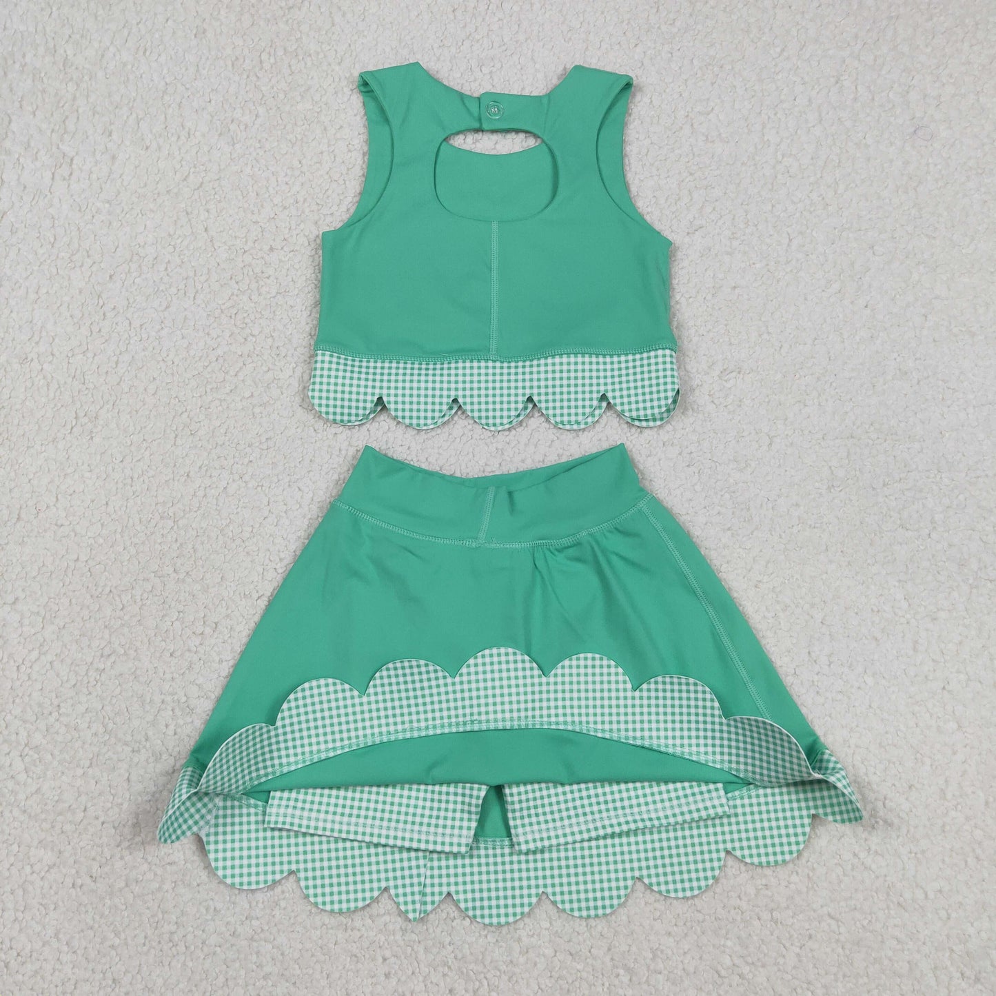 NO MOQ preorder GSD3320 Bows Green Sleeveless Top with Pleated Skirts for Girls Yoga Sets 202603