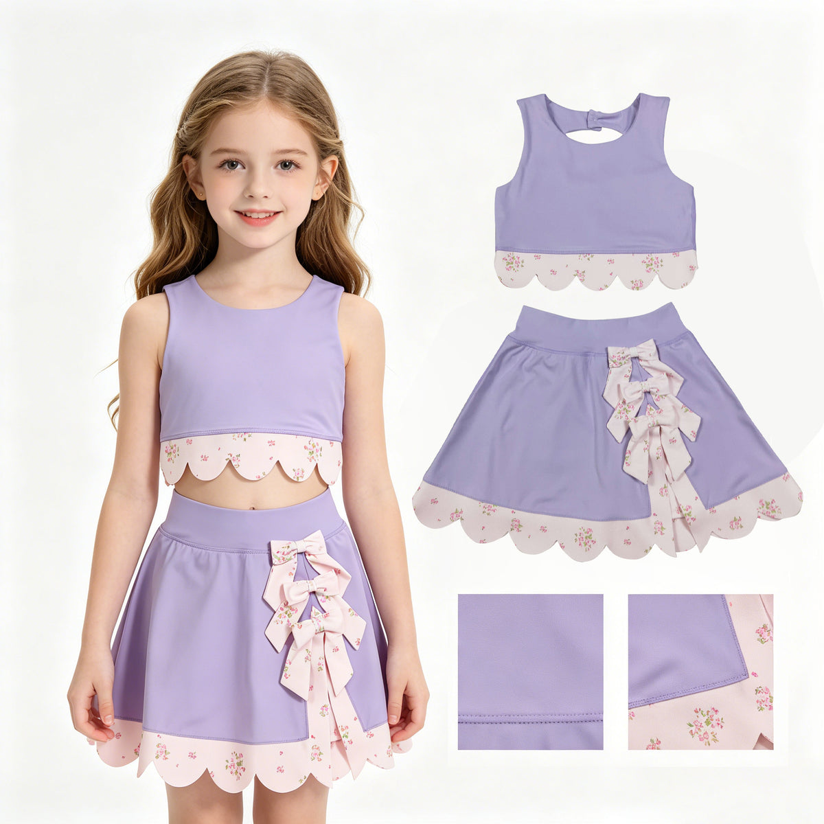 GSD3323 Bows Purple Sleeveless Top with Skirts for Girls Yoga Sets 202606 RTS