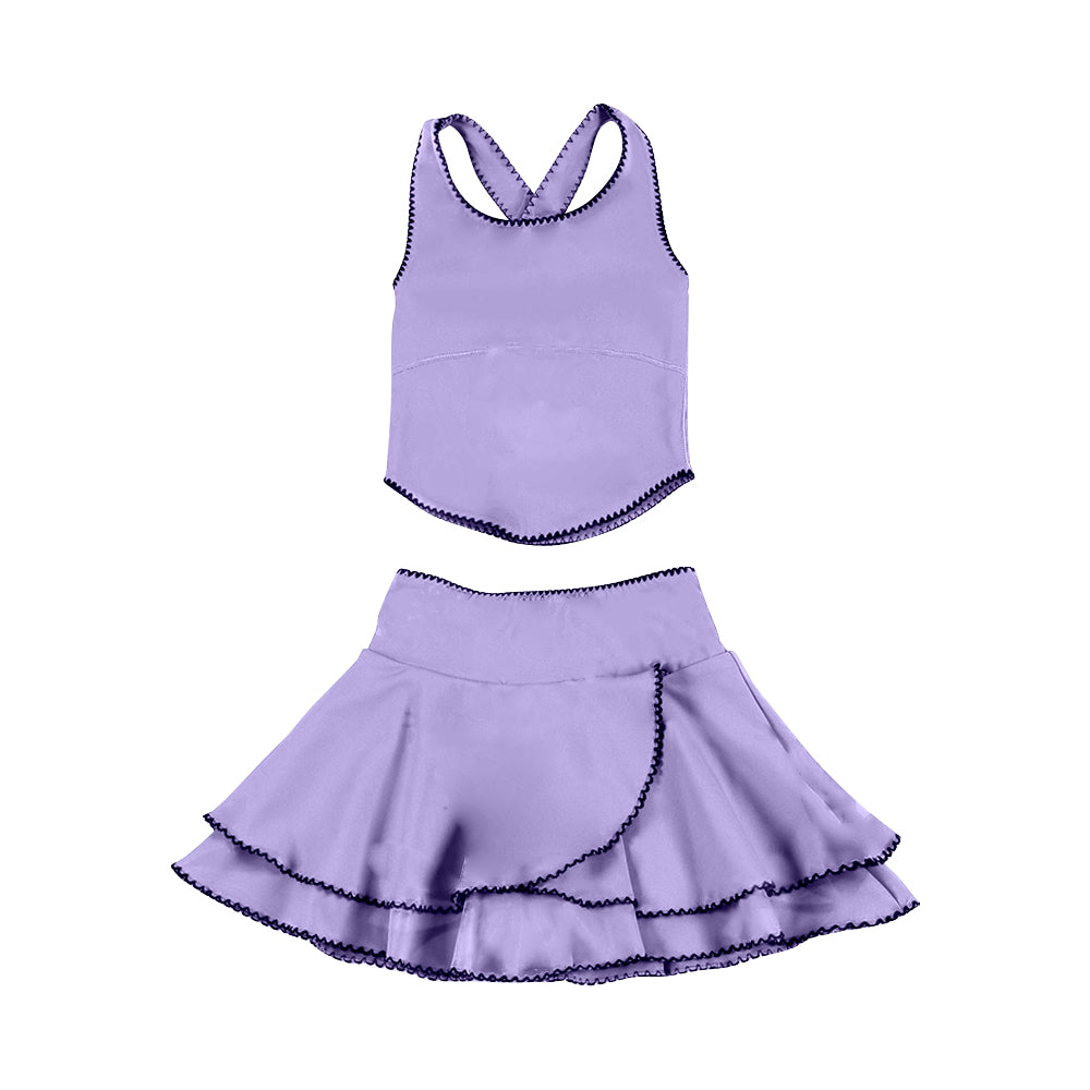 MOQ 5 preorder GSD3325 Purple Sleeveless Top with Double Ruffle Skirts for Girls Yoga Sets 202511