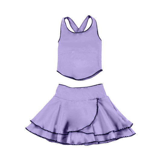 MOQ 5 preorder GSD3325 Purple Sleeveless Top with Double Ruffle Skirts for Girls Yoga Sets 202511