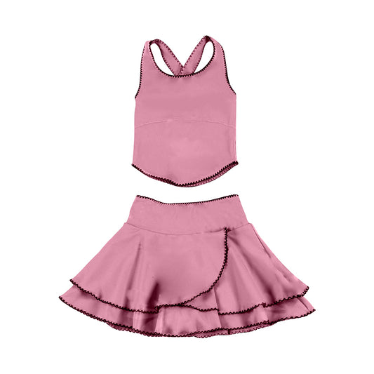MOQ 5 preorder GSD3326 Pink Sleeveless Top with Double Ruffle Skirts for Girls Yoga Sets 202511