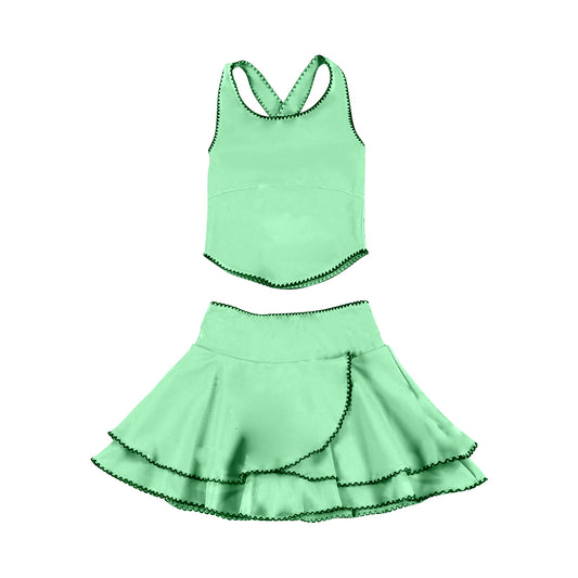 MOQ 5 preorder GSD3327 Green Sleeveless Top with Double Ruffle Skirts for Girls Yoga Sets 202511