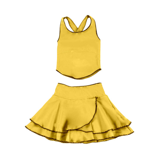 MOQ 5 preorder GSD3328 Yellow Sleeveless Top with Double Ruffle Skirts for Girls Yoga Sets 202511
