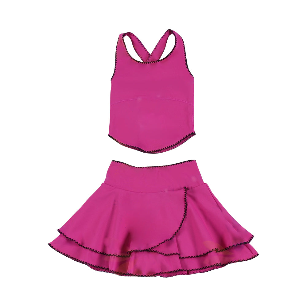 MOQ 5 preorder GSD3329 Rose Red Sleeveless Top with Double Ruffle Skirts for Girls Yoga Sets 202511