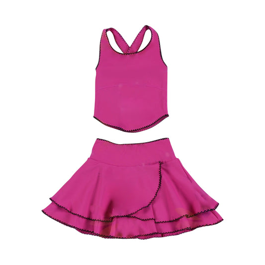 MOQ 5 preorder GSD3329 Rose Red Sleeveless Top with Double Ruffle Skirts for Girls Yoga Sets 202511