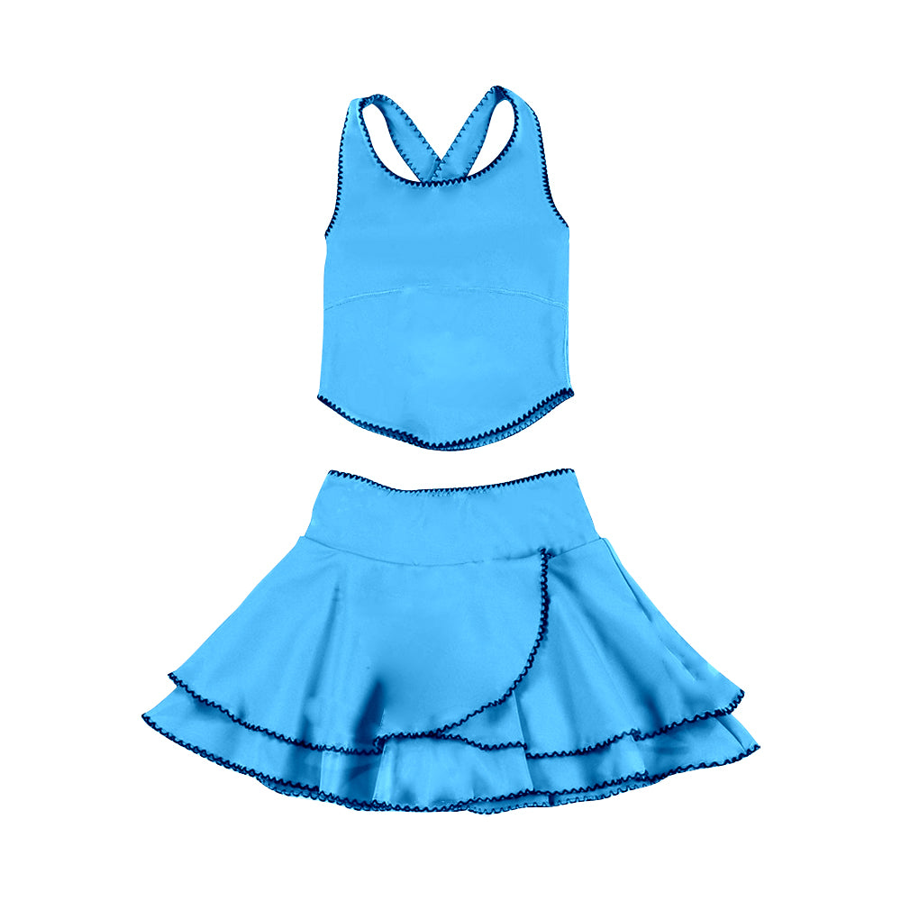 MOQ 5 preorder GSD3330 Blue Sleeveless Top with Double Ruffle Skirts for Girls Yoga Sets 202511