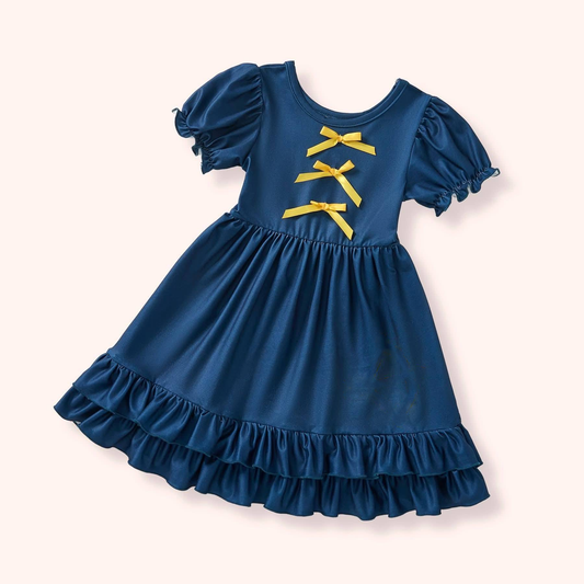 MOQ 5 PCS Preorder GSD3338 Bows Solid Navy Double-Layered Ruffle Short Sleeve Dresses for Girls 202511