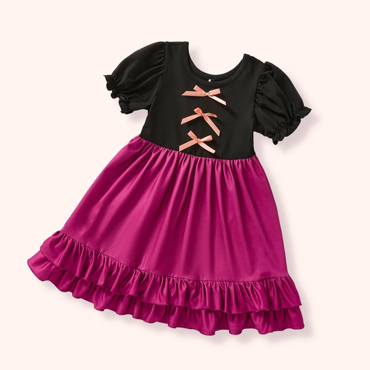 MOQ 5 PCS Preorder GSD3339 Bows Solid Black Purple Double-Layered Ruffle Short Sleeve Dresses for Girls 202511