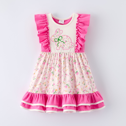 MOQ 5 PCS Preorder GSD3343 Easter Bunny Flower Rose Red Ruffle Flying Sleeve Dresses for Girls 202511