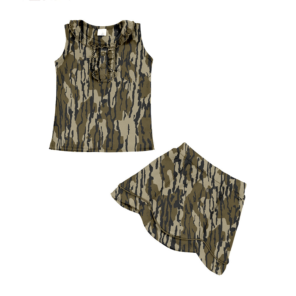 MOQ 5 preorder GSD3345 Army Green Camouflage Ruffle Sleeveless Top with Skirts for Girls Yoga Sets 202512