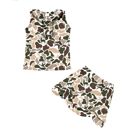 MOQ 5 preorder GSD3349 Puppy Deer Duck Hunting Beige Green Camouflage Ruffle Sleeveless Top with Skirts for Girls Yoga Sets 202512