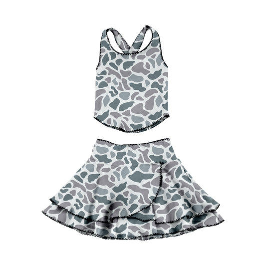 MOQ 5 preorder GSD3354 Gray Blue Camouflage Sleeveless Top with Double Ruffle Skirts for Girls Yoga Sets 202512