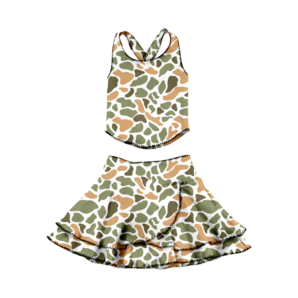 MOQ 5 preorder GSD3358 Orange Green Camouflage Sleeveless Top with Double Ruffle Skirts for Girls Yoga Sets 202512