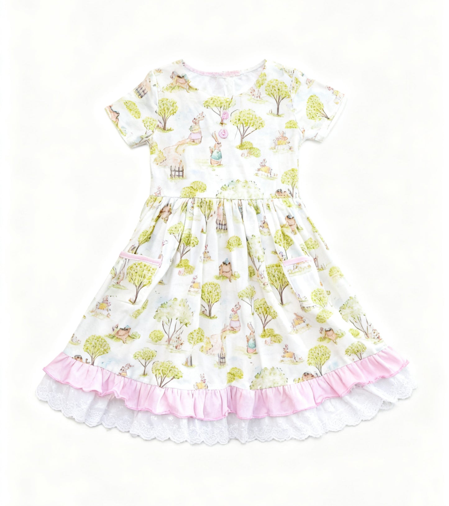 MOQ 5 PCS Preorder GSD3364 Easter Bunny Lace Ruffle Short Sleeve Dresses for Girls 202512