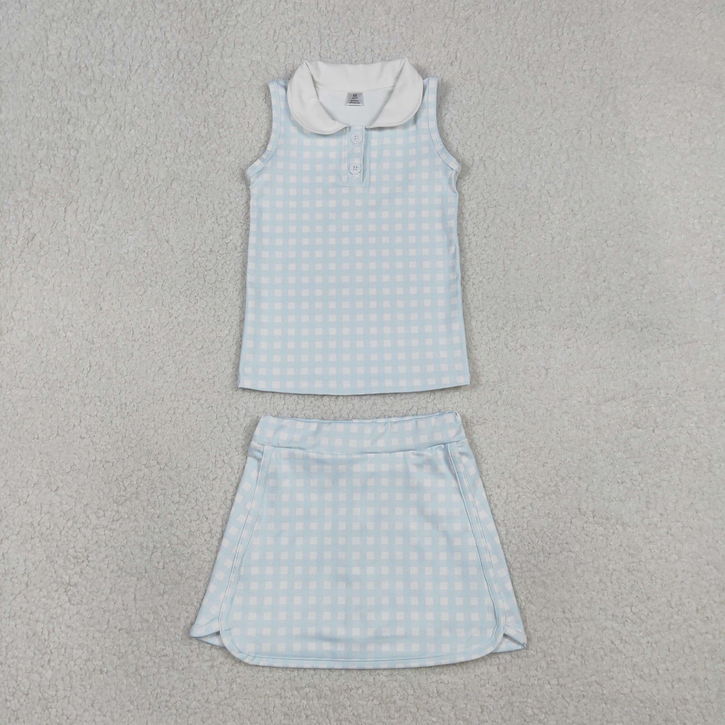 GSD3375 Light Blue Plaid Doll Collar Sleeveless Top with Skirts for Girls Yoga Sets 202601 RTS