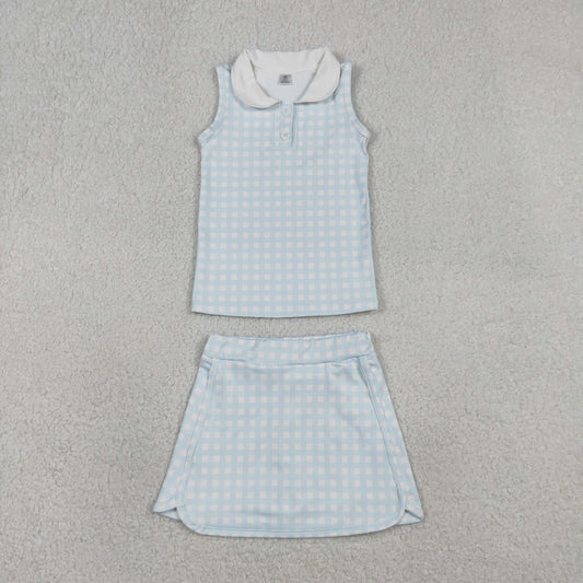 GSD3375 Light Blue Plaid Doll Collar Sleeveless Top with Skirts for Girls Yoga Sets 202601 RTS