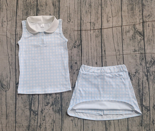 NO MOQ preorder GSD3375 Light Blue Plaid Doll Collar Sleeveless Top with Skirts for Girls Yoga Sets 202512