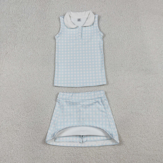 GSD3375 Light Blue Plaid Doll Collar Sleeveless Top with Skirts for Girls Yoga Sets 202601 RTS